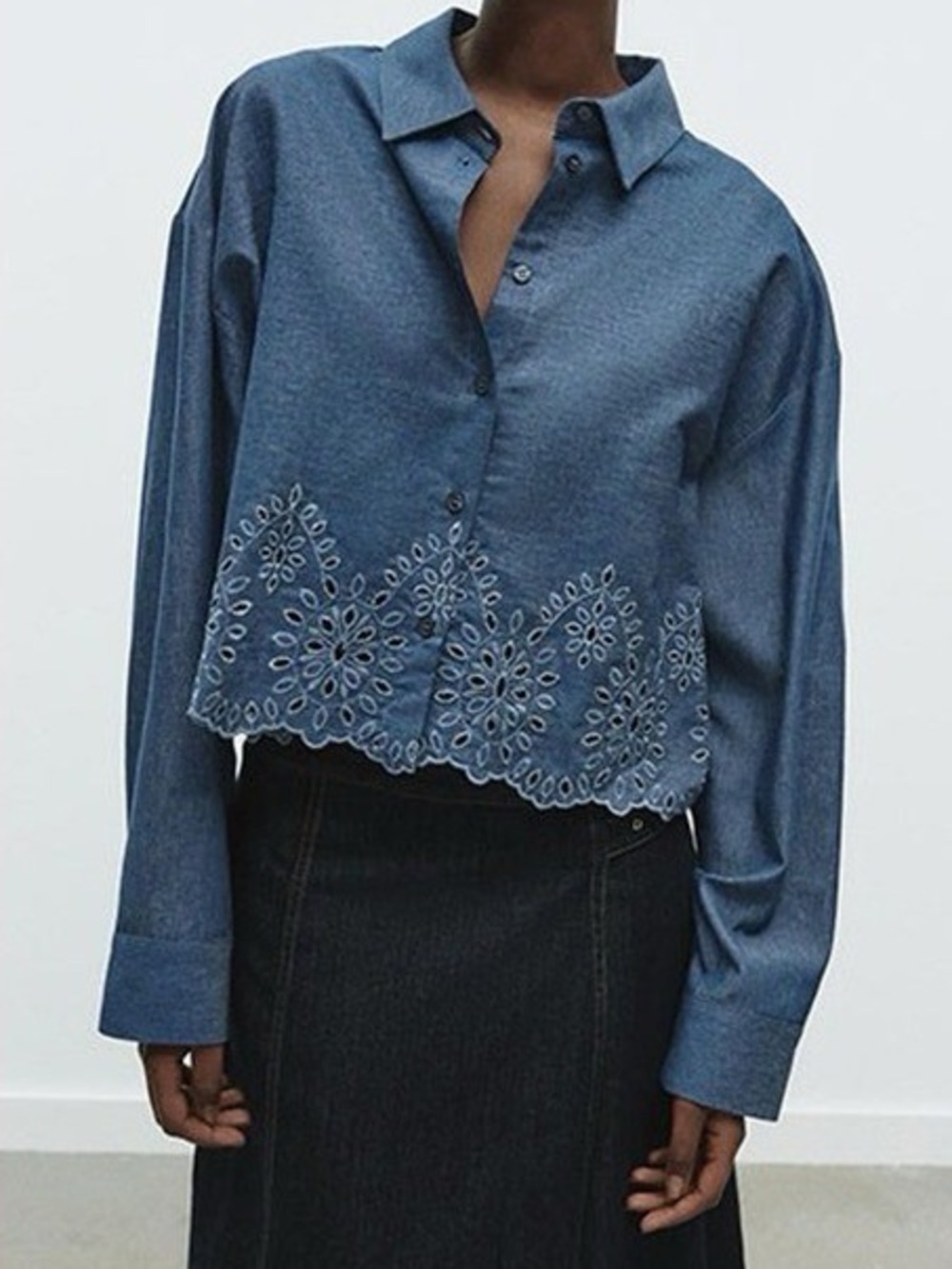 Zara Cropped Chambray Shirt w/ Cutwork Embroidery | Blue | NWT | Size XS